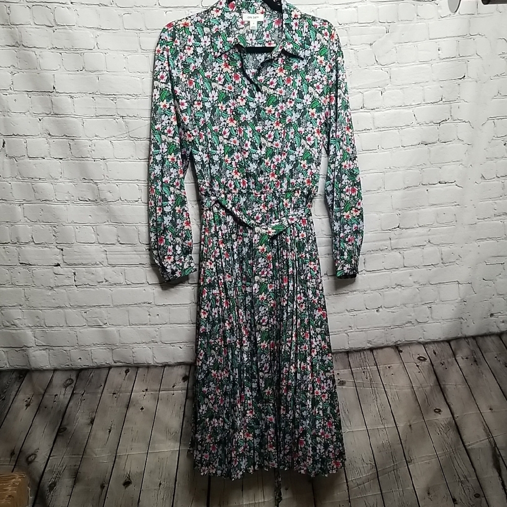 ON 34th Floral Maxi Dress Long Sleeve Pleated Tie Waist Small